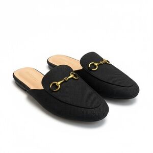 Black and Gold Flat Loafers with Metallic Accent